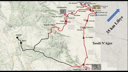 Mapa treku na planině Tassili